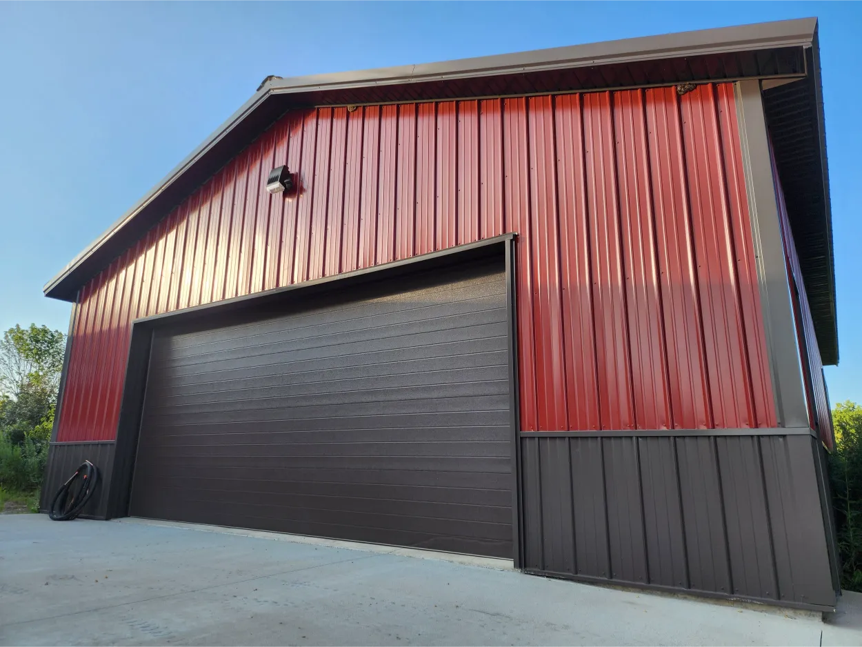 Close up of a two toned farm garage door.
